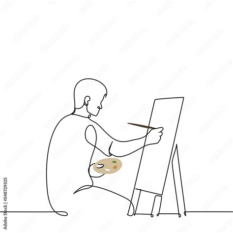 man sitting in front of an easel holding a palette and painting on ...