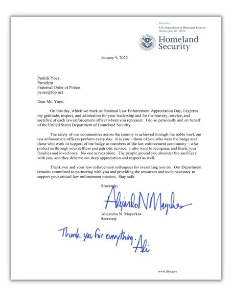 Secretary of Homeland Security Pens Letter to National President Yoes on Law Enforcement ...