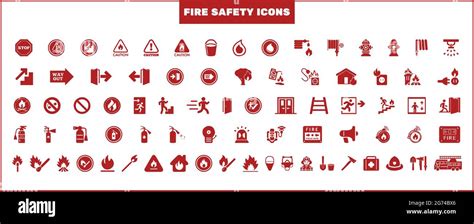 Set of fire safety signs or icons. Set of firefighting icons. Collection of warning signs ...