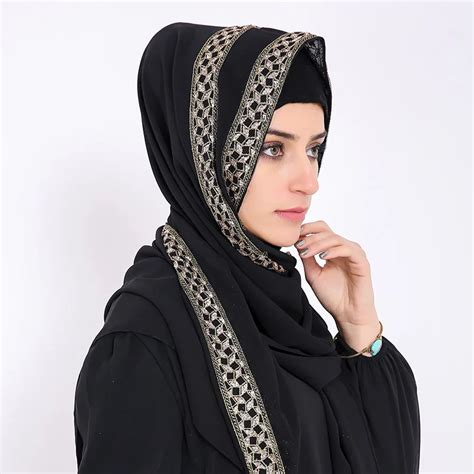 Chiffon Islam Women's Scarf Sequins Printed High Quality Muslim Hijab ...