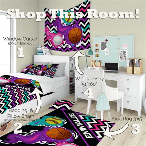 Sports Room Decor, Girls Bedroom, Pillow Sham, Window Curtains, Bedding ...