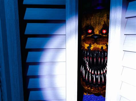 Nightmare Fredbear hiding in the closet of the child's bedroom as seen ...