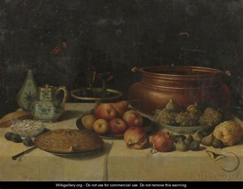 Still Life Of Fruit, A Pie, A Large Copper Pot, A Blue And White Porcelain Pitcher And Vase And ...