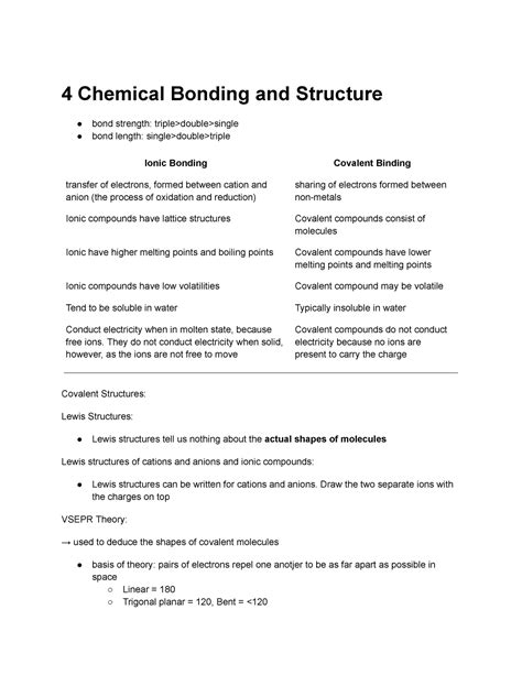 4 Chemical Bonding and Structure notes - 4 Chemical Bonding and Structure bond strength: - Studocu