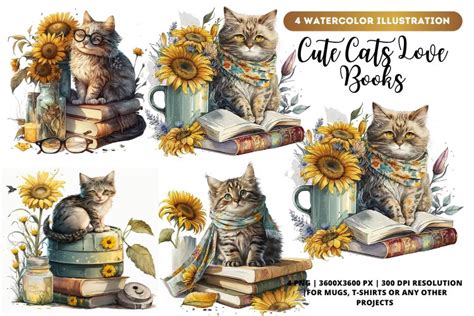 Cute Cats Love Books | Watercolor Reading books (2533124)