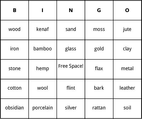 Natural Materials bingo by Bingo Card Template