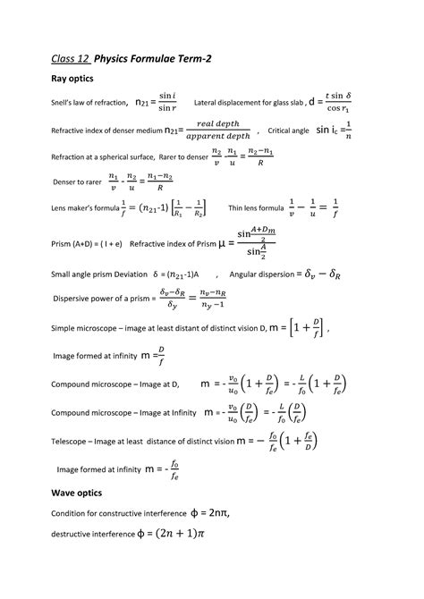 Physics Formula Sheet Class 12 - Class 12 Physics Formulae Term- Ray optics Snell’s law of - Studocu