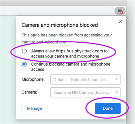 Miten annan verkkoselaimelle luvan käyttää kameraa ja mikrofonia? - Physitrack Support (FI)