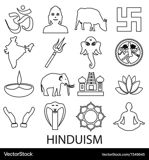 Hinduism religions symbols set of outline icons Vector Image