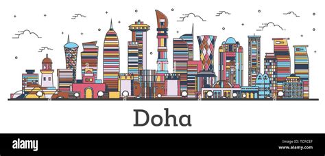 Outline Doha Qatar City Skyline with Color Buildings Isolated on White. Vector Illustration ...