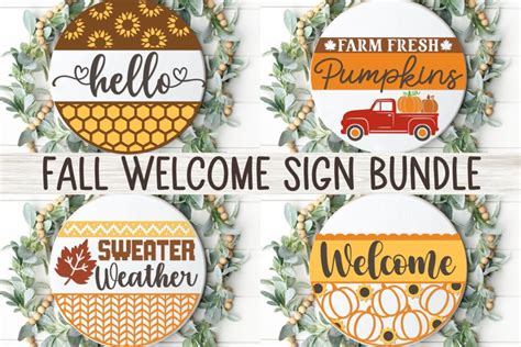 Hello Autumn Welcome Sign SVG, Round Fall Door Hanger Bundle