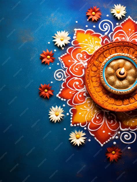 Premium AI Image | Happy Diwali background with beautiful Diya and colorful rangoli top view