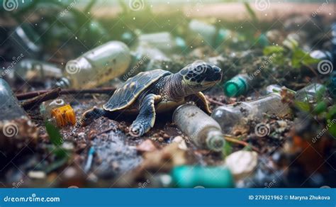 Turtles in the Water among Plastic Bottles and Garbage, Concept: Pollution of Nature and Water ...