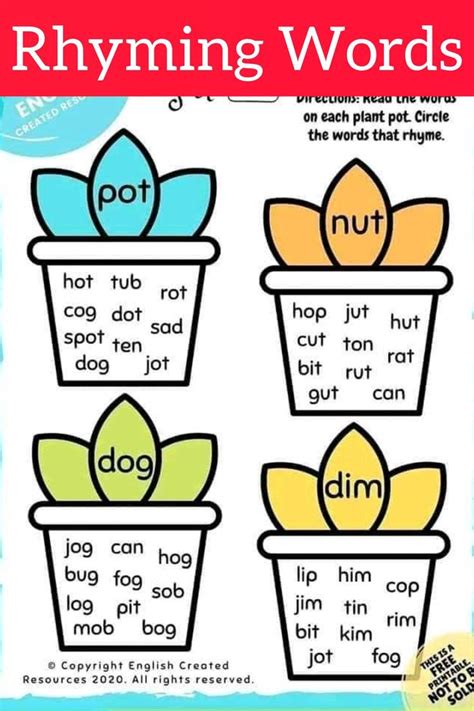 Rhyme Words List For Kindergarten