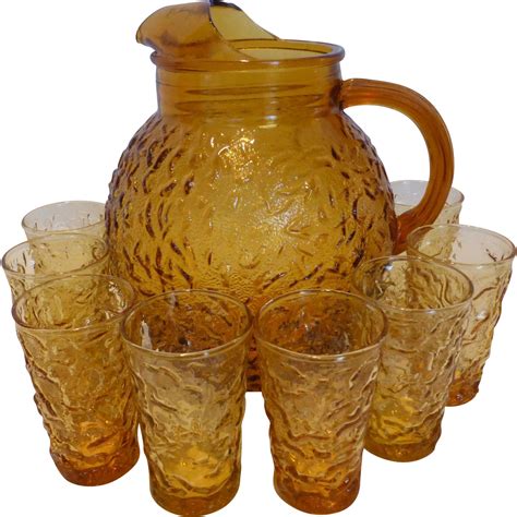 1960’s Anchor Hocking Amber Glass Ball Pitcher w 9 Glasses - Lido ...