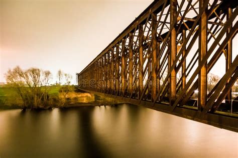 Old Industrial Railway Railroad Iron Bridge in the Night Stock Image ...