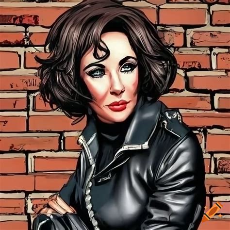 Woman with a bob haircut in black leather coat against a brick wall on Craiyon
