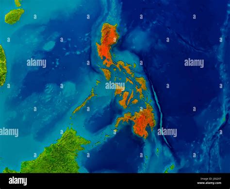 Philippines highlighted in red on physical map. 3D illustration ...