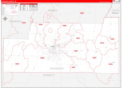 Craighead County, AR Zip Code Wall Map Red Line Style by MarketMAPS ...