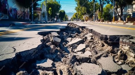 Premium AI Image | Large cracks on asphalt road after earthquake Damaged road