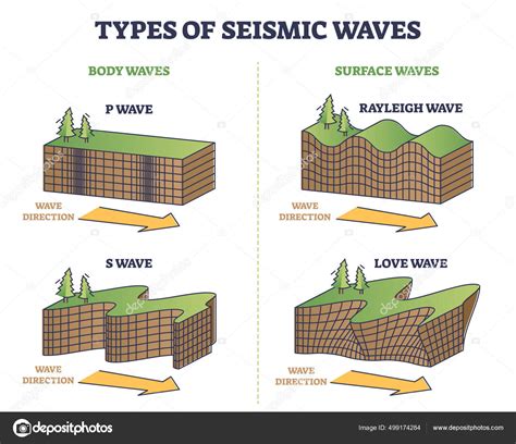 Types Seismic Waves Earth Movement Earthquake Outline Collection Set Educational Stock Vector by ...