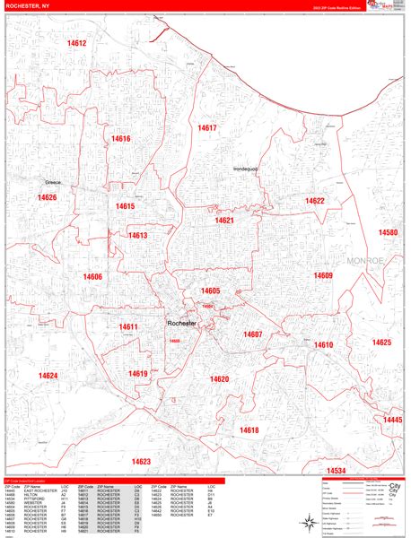 Rochester New York Zip Code Wall Map (Red Line Style) by MarketMAPS - MapSales