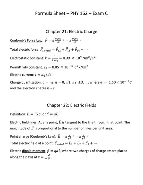 Formula Sheet – PHY 162 – Exam C