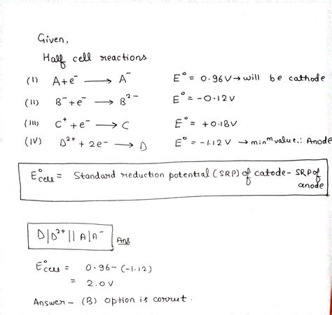 Half cell reactions some electrodes are given below:I. A+{ e }^{ - }longrightarrow { A ...