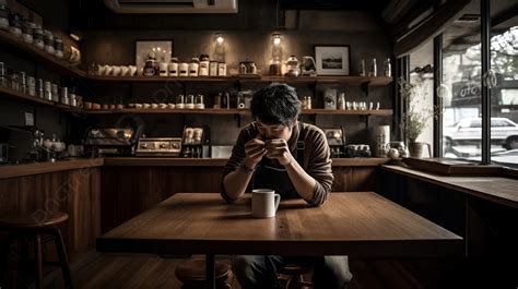 Coffee Shop Images Of A Man Sitting In This Old Coffee Shop Background, A Man Working At A Cafe ...