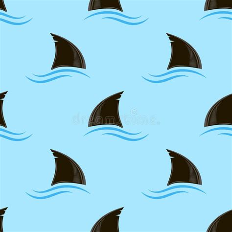 Shark Fin Silhouette Icon and Blue Waves on Blue Background. Seamless Pattern Stock Vector ...