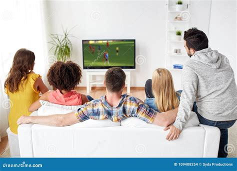 Friends Watching Soccer Game on Tv at Home Stock Photo - Image of ...