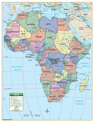 Africa Primary Wall Map Railed - 54x69 - Laminated on Rails- Identifying political country ...