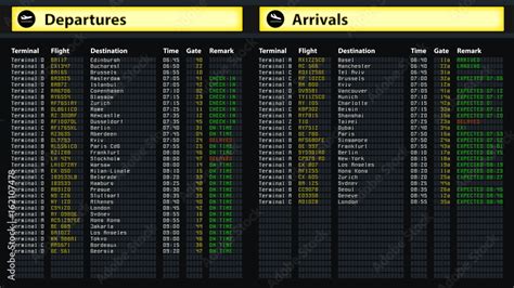 Flight schedule board at airport, travel information, arrivals and departures Stock Photo ...