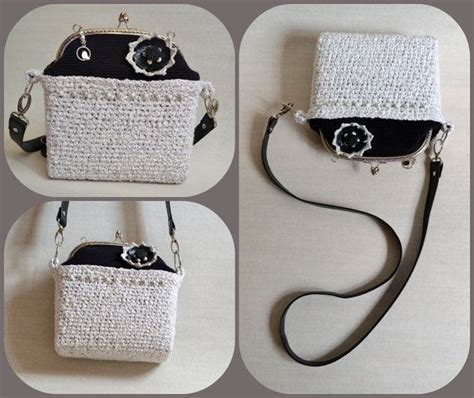 three pictures of the same purse, one with black and white trimmings on it