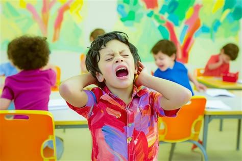 Premium Photo | Upset autistic little boy covering his ears and feeling ...