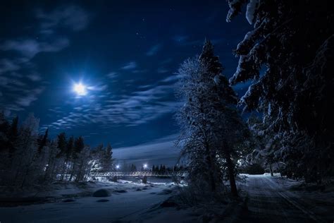 Snowy Night Road in Forest - Winter HD Wallpaper