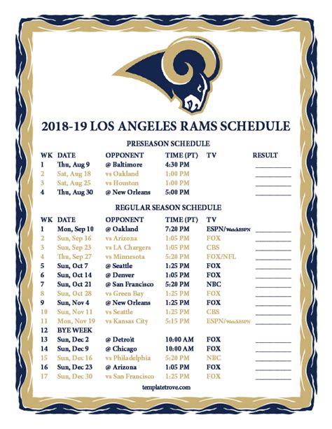 Printable 2018-2019 Los Angeles Rams Schedule