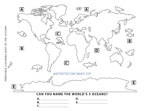 Printable 5 Oceans Coloring Map for Kids | The 7 Continents of the World