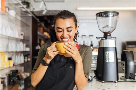 Happy Barista Standing Inside Coffee Shop Stock Photo - Image of ...