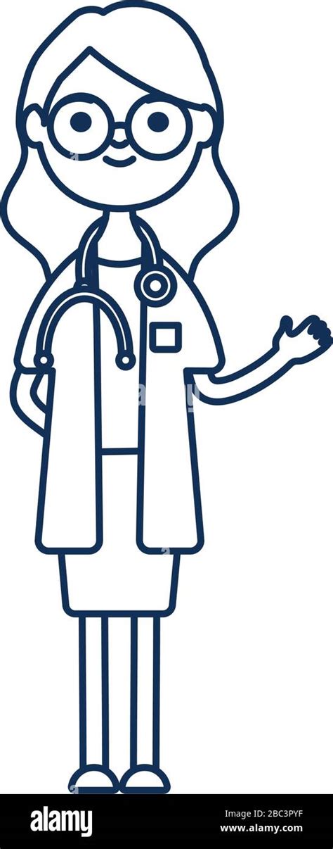 cartoon young doctor woman icon over white background, line style ...