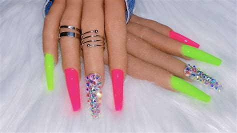 Pink and Green Bling Press on Nails|NailzFirst | Neon acrylic nails, Green acrylic nails, Bling ...