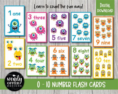 Printable monster numbers Number flash cards Monster flash | Etsy