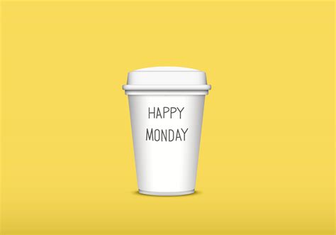 Realistic of white paper coffee cup with happy Monday text isolated on yellow background. mock ...