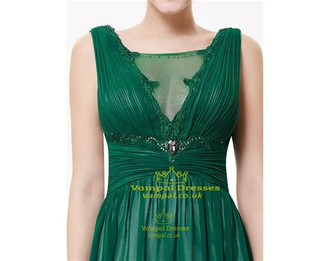 Emerald Green Chiffon Evening Dress, Lace Appliques Green V Neck Party ...