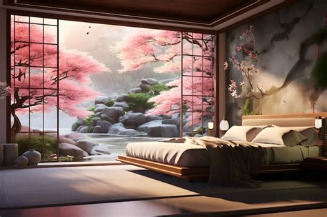 Premium AI Image | a bedroom wall mural with a tranquil japanese garden