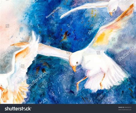 Original Art, Watercolor Painting Of Seagulls In Flight Stock Photo ...