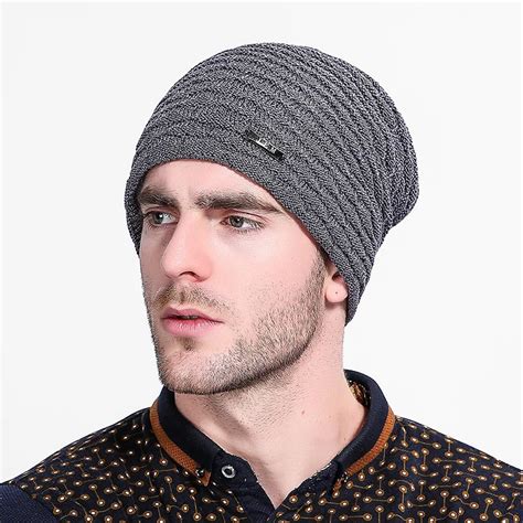 2016 Fashion Winter Beanies Wool Increase Plush Knitting Hat For Men Head Fold Stripe Cap Warm ...