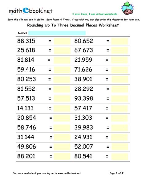 Round Decimals Worksheets