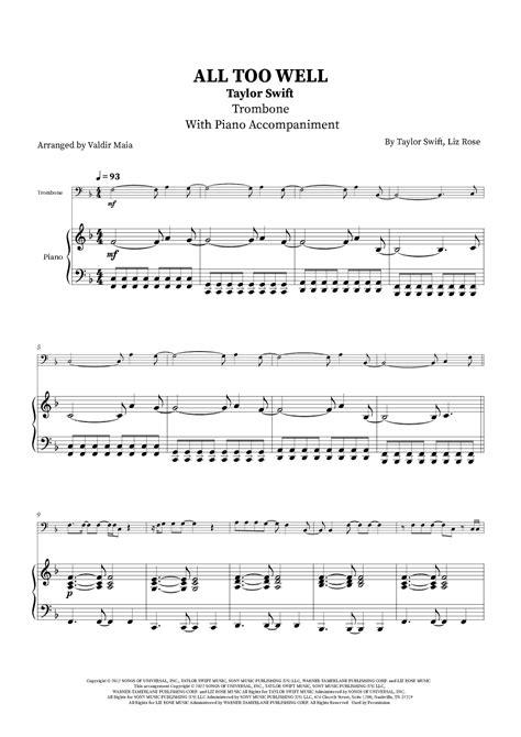 All Too Well (arr. Valdir Maia) Sheet Music | Taylor Swift | Trombone ...