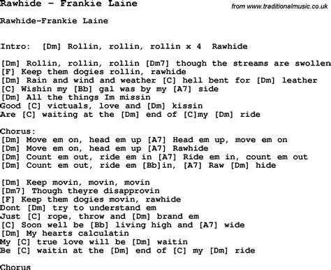 Song Rawhide by Frankie Laine, song lyric for vocal performance plus ...